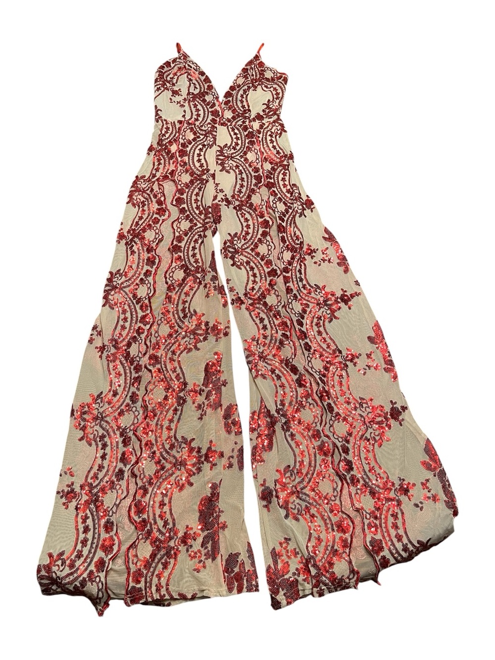 NWT Banjul Sheer Cream with Red Sequin Floral Open Wide-Leg Jumpsuit Size L - Picture 3 of 11
